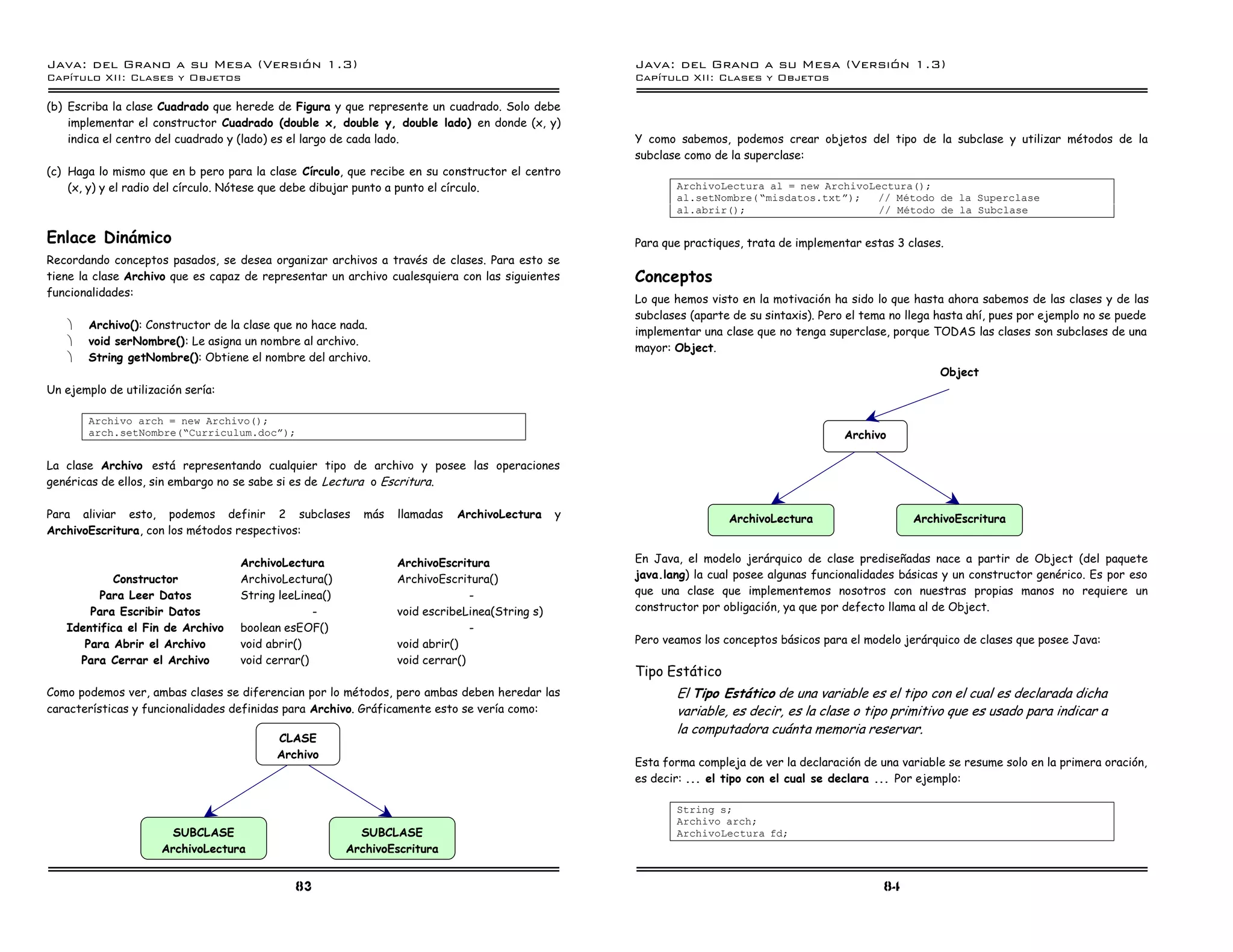 Java: del Grano a su Mesa (Versio n 1.3)                                                          Java: del Grano a su Mesa (Versio n 1.3)
Capi
   tulo XII: Clases y Objetos                                                                     Capi
                                                                                                     tulo XII: Clases y Objetos

(b) Escriba la clase Cuadrado que herede de Figura y que represente un cuadrado. Solo debe
    implementar el constructor Cuadrado (double x, double y, double lado) en donde (x, y)
    indica el centro del cuadrado y (lado) es el largo de cada lado.                              Y como sabemos, podemos crear objetos del tipo de la subclase y utilizar métodos de la
                                                                                                  subclase como de la superclase:
(c) Haga lo mismo que en b pero para la clase Círculo, que recibe en su constructor el centro
    (x, y) y el radio del círculo. Nótese que debe dibujar punto a punto el círculo.                     ArchivoLectura al = new ArchivoLectura();
                                                                                                         al.setNombre(”misdatos.txtá);   // Metodo de la Superclase
                                                                                                         al.abrir();                      // Metodo de la Subclase

Enlace Dinámico                                                                                   Para que practiques, trata de implementar estas 3 clases.
Recordando conceptos pasados, se desea organizar archivos a través de clases. Para esto se
tiene la clase Archivo que es capaz de representar un archivo cualesquiera con las siguientes     Conceptos
funcionalidades:
                                                                                                  Lo que hemos visto en la motivación ha sido lo que hasta ahora sabemos de las clases y de las
                                                                                                  subclases (aparte de su sintaxis). Pero el tema no llega hasta ahí, pues por ejemplo no se puede
   ·   Archivo(): Constructor de la clase que no hace nada.
                                                                                                  implementar una clase que no tenga superclase, porque TODAS las clases son subclases de una
   ·   void serNombre(): Le asigna un nombre al archivo.
                                                                                                  mayor: Object.
   ·   String getNombre(): Obtiene el nombre del archivo.
                                                                                                                                                           Object
Un ejemplo de utilización sería:

       Archivo arch = new Archivo();
       arch.setNombre(”Curriculum.docá);                                                                                                 Archivo

La clase Archivo está representando cualquier tipo de archivo y posee las operaciones
genéricas de ellos, sin embargo no se sabe si es de Lectura o Escritura .

Para aliviar esto, podemos definir 2 subclases            más   llamadas   ArchivoLectura     y                    ArchivoLectura                    ArchivoEscritura
ArchivoEscritura, con los métodos respectivos:

                                   ArchivoLectura               ArchivoEscritura                  En Java, el modelo jerárquico de clase prediseñadas nace a partir de Object (del paquete
           Constructor             ArchivoLectura()             ArchivoEscritura()                java.lang) la cual posee algunas funcionalidades básicas y un constructor genérico. Es por eso
         Para Leer Datos           String leeLinea()                          -                   que una clase que implementemos nosotros con nuestras propias manos no requiere un
       Para Escribir Datos                       -              void escribeLinea(String s)       constructor por obligación, ya que por defecto llama al de Object.
   Identifica el Fin de Archivo    boolean esEOF()                            -
      Para Abrir el Archivo        void abrir()                 void abrir()                      Pero veamos los conceptos básicos para el modelo jerárquico de clases que posee Java:
     Para Cerrar el Archivo        void cerrar()                void cerrar()
                                                                                                  Tipo Estático
Como podemos ver, ambas clases se diferencian por lo métodos, pero ambas deben heredar las               El Tipo Estático de una variable es el tipo con el cual es declarada dicha
características y funcionalidades definidas para Archivo. Gráficamente esto se vería como:               variable, es decir, es la clase o tipo primitivo que es usado para indicar a
                                                                                                         la computadora cuánta memoria reservar.
                                         CLASE
                                         Archivo
                                                                                                  Esta forma compleja de ver la declaración de una variable se resume solo en la primera oración,
                                                                                                  es decir: ... el tipo con el cual se declara ... Por ejemplo:

                                                                                                         String s;
                                                                                                         Archivo arch;
                       SUBCLASE                          SUBCLASE                                        ArchivoLectura fd;
                     ArchivoLectura                    ArchivoEscritura


                                             83                                                                                                 84
 