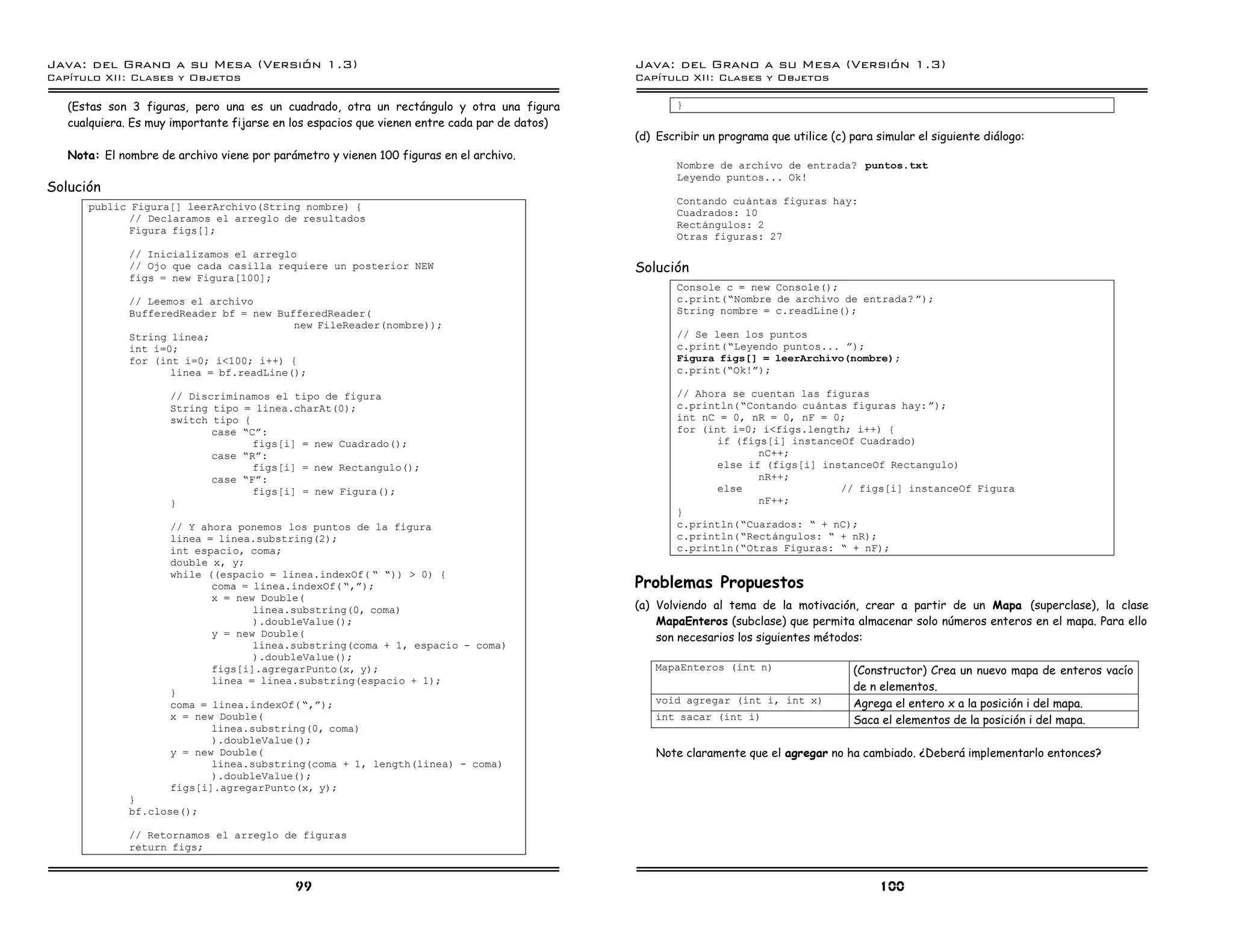Java: del Grano a su Mesa (Versio n 1.3)                                                       Java: del Grano a su Mesa (Versio n 1.3)
Capi
   tulo XII: Clases y Objetos                                                                  Capi
                                                                                                  tulo XII: Clases y Objetos

   (Estas son 3 figuras, pero una es un cuadrado, otra un rectángulo y otra una figura                 }
   cualquiera. Es muy importante fijarse en los espacios que vienen entre cada par de datos)
                                                                                               (d) Escribir un programa que utilice (c) para simular el siguiente diálogo:
   Nota: El nombre de archivo viene por parámetro y vienen 100 figuras en el archivo.
                                                                                                       Nombre de archivo de entrada? puntos.txt
                                                                                                       Leyendo puntos... Ok!
Solución
                                                                                                       Contando cuantas figuras hay:
      public Figura[] leerArchivo(String nombre) {
                                                                                                       Cuadrados: 10
             // Declaramos el arreglo de resultados
                                                                                                       Rectangulos: 2
             Figura figs[];
                                                                                                       Otras figuras: 27
              // Inicializamos el arreglo
              // Ojo que cada casilla requiere un posterior NEW                                Solución
              figs = new Figura[100];
                                                                                                       Console c = new Console();
              // Leemos el archivo                                                                     c.print(”Nombre de archivo de entrada? á);
              BufferedReader bf = new BufferedReader(                                                  String nombre = c.readLine();
                                         new FileReader(nombre));
              String linea;                                                                            // Se leen los puntos
              int i=0;                                                                                 c.print(”Leyendo puntos... á);
              for (int i=0; i<100; i++) {                                                              Figura figs[] = leerArchivo(nombre);
                     linea = bf.readLine();                                                            c.print(”Ok!á);

                     // Discriminamos el tipo de figura                                                // Ahora se cuentan las figuras
                     String tipo = linea.charAt(0);                                                    c.println(”Contando cuantas figuras hay: á);
                     switch tipo {                                                                     int nC = 0, nR = 0, nF = 0;
                            case ”Cá:                                                                  for (int i=0; i<figs.length; i++) {
                                   figs[i] = new Cuadrado();                                                  if (figs[i] instanceOf Cuadrado)
                            case ”Rá:                                                                                nC++;
                                   figs[i] = new Rectangulo();                                                else if (figs[i] instanceOf Rectangulo)
                            case ”Fá:                                                                                nR++;
                                   figs[i] = new Figura();                                                    else                // figs[i] instanceOf Figura
                     }                                                                                               nF++;
                                                                                                       }
                     // Y ahora ponemos los puntos de la figura                                        c.println(”Cuarados: ” + nC);
                     linea = linea.substring(2);                                                       c.println(”Rectangulos: ” + nR);
                     int espacio, coma;                                                                c.println(”Otras Figuras: ” + nF);
                     double x, y;
                     while ((espacio = linea.indexOf( ” ”)) > 0) {
                            coma = linea.indexOf( ”,á);                                        Problemas Propuestos
                            x = new Double(
                                   linea.substring(0, coma)                                    (a) Volviendo al tema de la motivación, crear a partir de un Mapa (superclase), la clase
                                   ).doubleValue();                                                MapaEnteros (subclase) que permita almacenar solo números enteros en el mapa. Para ello
                            y = new Double(                                                        son necesarios los siguientes métodos:
                                   linea.substring(coma + 1, espacio - coma)
                                   ).doubleValue();
                            figs[i].agregarPunto(x, y);                                           MapaEnteros (int n)                    (Constructor) Crea un nuevo mapa de enteros vacío
                            linea = linea.substring(espacio + 1);
                     }
                                                                                                                                         de n elementos.
                     coma = linea.indexOf( ”,á);                                                  void agregar (int i, int x)            Agrega el entero x a la posición i del mapa.
                     x = new Double(                                                              int sacar (int i)                      Saca el elementos de la posición i del mapa.
                            linea.substring(0, coma)
                            ).doubleValue();
                     y = new Double(                                                               Note claramente que el agregar no ha cambiado. ¿Deberá implementarlo entonces?
                            linea.substring(coma + 1, length(linea) - coma)
                            ).doubleValue();
                     figs[i].agregarPunto(x, y);
              }
              bf.close();

              // Retornamos el arreglo de figuras
              return figs;


                                            99                                                                                                100
 