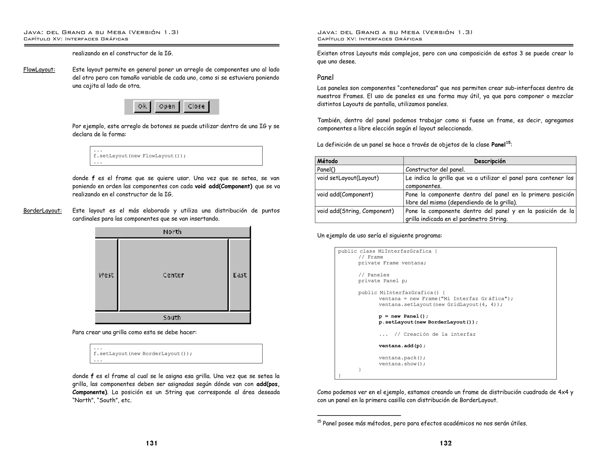 Java: del Grano a su Mesa (Versio n 1.3)                                                       Java: del Grano a su Mesa (Versio n 1.3)
Capi
   tulo XV: Interfaces Graficas                                                                Capi
                                                                                                  tulo XV: Interfaces Graficas

                realizando en el constructor de la IG.                                         Existen otros Layouts más complejos, pero con una composición de estos 3 se puede crear lo
                                                                                               que uno desee.
FlowLayout:     Este layout permite en general poner un arreglo de componentes uno al lado
                del otro pero con tamaño variable de cada uno, como si se estuviera poniendo   Panel
                una cajita al lado de otra.                                                    Los paneles son componentes “contenedoras” que nos permiten crear sub-interfaces dentro de
                                                                                               nuestros Frames. El uso de paneles es una forma muy útil, ya que para componer o mezclar
                                                                                               distintos Layouts de pantalla, utilizamos paneles.

                                                                                               También, dentro del panel podemos trabajar como si fuese un frame, es decir, agregamos
                Por ejemplo, este arreglo de botones se puede utilizar dentro de una IG y se   componentes a libre elección según el layout seleccionado.
                declara de la forma:
                                                                                               La definición de un panel se hace a través de objetos de la clase Panel 15:
                       ...
                       f.setLayout(new FlowLayout());
                       ...                                                                     Método                                                       Descripción
                                                                                               Panel()                           Constructor del panel.
                donde f es el frame que se quiere usar. Una vez que se setea, se van           void setLayout(Layout)            Le indica la grilla que va a utilizar el panel para contener los
                poniendo en orden las componentes con cada void add(Component) que se va                                         componentes.
                realizando en el constructor de la IG.                                         void add(Component)               Pone la componente dentro del panel en la primera posición
                                                                                                                                 libre del mismo (dependiendo de la grilla).
BorderLayout:   Este layout es el más elaborado y utiliza una distribución de puntos           void add(String, Component)       Pone la componente dentro del panel y en la posición de la
                cardinales para las componentes que se van insertando.                                                           grilla indicada en el parámetro String.

                                                                                               Un ejemplo de uso sería el siguiente programa:

                                                                                                         public class MiInterfazGrafica {
                                                                                                                // Frame
                                                                                                                private Frame ventana;

                                                                                                                // Paneles
                                                                                                                private Panel p;

                                                                                                                public MiInterfazGrafica() {
                                                                                                                       ventana = new Frame("Mi Interfaz Gr afica");
                                                                                                                       ventana.setLayout(new GridLayout(4, 4));

                                                                                                                        p = new Panel();
                                                                                                                        p.setLayout(new BorderLayout());

                Para crear una grilla como esta se debe hacer:                                                          ...   // Creacion de la interfaz

                       ...                                                                                              ventana.add(p);
                       f.setLayout(new BorderLayout());
                       ...                                                                                              ventana.pack();
                                                                                                                        ventana.show();
                                                                                                                }
                donde f es el frame al cual se le asigna esa grilla. Una vez que se setea la             }
                grilla, las componentes deben ser asignadas según dónde van con add(pos,
                Componente). La posición es un String que corresponde al área deseada          Como podemos ver en el ejemplo, estamos creando un frame de distribución cuadrada de 4x4 y
                “North”, “South”, etc.                                                         con un panel en la primera casilla con distribución de BorderLayout.


                                                                                               15
                                                                                                    Panel posee más métodos, pero para efectos académicos no nos serán útiles.


                                           131                                                                                                132
 