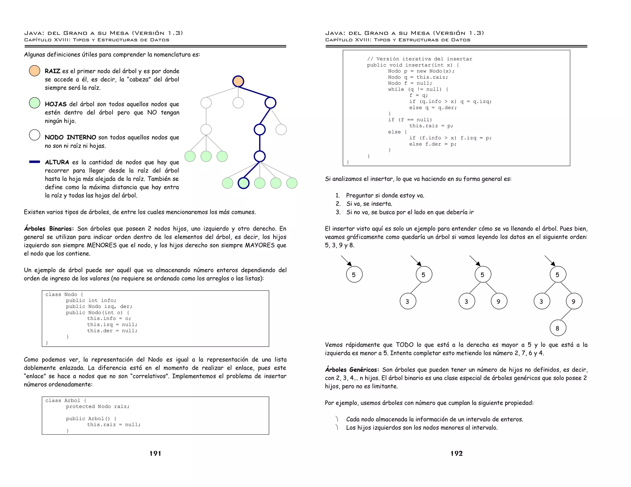 Java: del Grano a su Mesa (Versio n 1.3)                                                        Java: del Grano a su Mesa (Versio n 1.3)
Capi
   tulo XVIII: Tipos y Estructuras de Datos                                                     Capi
                                                                                                   tulo XVIII: Tipos y Estructuras de Datos

Algunas definiciones útiles para comprender la nomenclatura es:
                                                                                                                // Version iterativa del insertar
                                                                                                                public void insertar(int x) {
       RAIZ es el primer nodo del árbol y es por donde                                                                 Nodo p = new Nodo(x);
                                                                                                                       Nodo q = this.raiz;
       se accede a él, es decir, la “cabeza” del árbol
                                                                                                                       Nodo f = null;
       siempre será la raíz.                                                                                           while (q != null) {
                                                                                                                              f = q;
                                                                                                                              if (q.info > x) q = q.izq;
       HOJAS del árbol son todos aquellos nodos que                                                                           else q = q.der;
       estén dentro del árbol pero que NO tengan                                                                       }
       ningún hijo.                                                                                                    if (f == null)
                                                                                                                              this.raiz = p;
                                                                                                                       else {
       NODO INTERNO son todos aquellos nodos que                                                                              if (f.info > x) f.izq = p;
       no son ni raíz ni hojas.                                                                                               else f.der = p;
                                                                                                                       }
                                                                                                                }
       ALTURA es la cantidad de nodos que hay que                                                       }
       recorrer para llegar desde la raíz del árbol
       hasta la hoja más alejada de la raíz. También se                                         Si analizamos el insertar, lo que va haciendo en su forma general es:
       define como la máxima distancia que hay entra
       la raíz y todas las hojas del árbol.                                                         1. Preguntar si donde estoy va.
                                                                                                    2. Si va, se inserta.
Existen varios tipos de árboles, de entre los cuales mencionaremos los más comunes.                 3. Si no va, se busca por el lado en que debería ir

Árboles Binarios: Son árboles que poseen 2 nodos hijos, uno izquierdo y otro derecho. En        El insertar visto aquí es solo un ejemplo para entender cómo se va llenando el árbol. Pues bien,
general se utilizan para indicar orden dentro de los elementos del árbol, es decir, los hijos   veamos gráficamente como quedaría un árbol si vamos leyendo los datos en el siguiente orden:
izquierdo son siempre MENORES que el nodo, y los hijos derecho son siempre MAYORES que          5, 3, 9 y 8.
el nodo que los contiene.

Un ejemplo de árbol puede ser aquél que va almacenando número enteros dependiendo del
                                                                                                            5                       5                      5                           5
orden de ingreso de los valores (no requiere se ordenado como los arreglos o las listas):

       class Nodo {
              public int info;                                                                                                3                      3           9               3           9
              public Nodo izq, der;
              public Nodo(int o) {
                     this.info = o;
                     this.izq = null;
                     this.der = null;                                                                                                                                                  8
              }
       }                                                                                        Vemos rápidamente que TODO lo que está a la derecha es mayor a 5 y lo que está a la
                                                                                                izquierda es menor a 5. Intenta completar esto metiendo los número 2, 7, 6 y 4.
Como podemos ver, la representación del Nodo es igual a la representación de una lista
doblemente enlazada. La diferencia está en el momento de realizar el enlace, pues este          Árboles Genéricos: Son árboles que pueden tener un número de hijos no definidos, es decir,
“enlace” se hace a nodos que no son “correlativos”. Implementemos el problema de insertar       con 2, 3, 4... n hijos. El árbol binario es una clase especial de árboles genéricos que solo posee 2
números ordenadamente:                                                                          hijos, pero no es limitante.

       class Arbol {
                                                                                                Por ejemplo, usemos árboles con número que cumplan la siguiente propiedad:
              protected Nodo raiz;

               public Arbol() {                                                                     ·   Cada nodo almacenada la información de un intervalo de enteros.
                      this.raiz = null;
               }                                                                                    ·   Los hijos izquierdos son los nodos menores al intervalo.



                                            191                                                                                                192
 