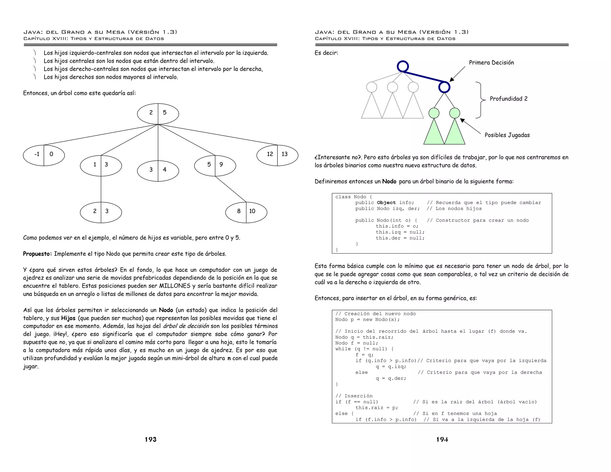 Java: del Grano a su Mesa (Versio n 1.3)                                                                Java: del Grano a su Mesa (Versio n 1.3)
Capi
   tulo XVIII: Tipos y Estructuras de Datos                                                             Capi
                                                                                                           tulo XVIII: Tipos y Estructuras de Datos

   ·     Los hijos izquierdo-centrales son nodos que intersectan el intervalo por la izquierda.         Es decir:
   ·     Los hijos centrales son los nodos que están dentro del intervalo.                                                                                        Primera Decisión
   ·     Los hijos derecho-centrales son nodos que intersectan el intervalo por la derecha,
   ·     Los hijos derechos son nodos mayores al intervalo.

Entonces, un árbol como este quedaría así:
                                                                                                                                                                          Profundidad 2

                                                 2    5


                                                                                                                                                                         Posibles Jugadas


    -1     0                                                                                  12   13
                                                                                                        ¿Interesante no?. Pero esto árboles ya son difíciles de trabajar, por lo que nos centraremos en
                            1   3                                      5    9                           los árboles binarios como nuestra nueva estructura de datos.
                                                 3    4

                                                                                                        Definiremos entonces un Nodo para un árbol binario de la siguiente forma:

                                                                                                               class Nodo {
                                                                                                                      public Object info;         // Recuerda que el tipo puede cambiar
                                                                                                                      public Nodo izq, der;       // Los nodos hijos
                           2    3                                                  8   10
                                                                                                                       public Nodo(int o) {    // Constructor para crear un nodo
                                                                                                                              this.info = o;
                                                                                                                              this.izq = null;
Como podemos ver en el ejemplo, el número de hijos es variable, pero entre 0 y 5.                                             this.der = null;
                                                                                                                       }
                                                                                                               }
Propuesto: Implemente el tipo Nodo que permita crear este tipo de árboles.

                                                                                                        Esta forma básica cumple con lo mínimo que es necesario para tener un nodo de árbol, por lo
Y ¿para qué sirven estos árboles? En el fondo, lo que hace un computador con un juego de
                                                                                                        que se le puede agregar cosas como que sean comparables, o tal vez un criterio de decisión de
ajedrez es analizar una serie de movidas prefabricadas dependiendo de la posición en la que se
                                                                                                        cuál va a la derecha o izquierda de otro.
encuentre el tablero. Estas posiciones pueden ser MILLONES y sería bastante difícil realizar
una búsqueda en un arreglo o listas de millones de datos para encontrar la mejor movida.
                                                                                                        Entonces, para insertar en el árbol, en su forma genérica, es:

Así que los árboles permiten ir seleccionando un Nodo (un estado) que indica la posición del
                                                                                                               // Creacion del nuevo nodo
tablero, y sus Hijos (que pueden ser muchos) que representan las posibles movidas que tiene el                 Nodo p = new Nodo(x);
computador en ese momento. Además, las hojas del árbol de decisión son los posibles términos
                                                                                                               // Inicio del recorrido del arbol hasta el lugar (f) donde va.
del juego. ¡Hey!, ¿pero eso significaría que el computador siempre sabe cómo ganar? Por                        Nodo q = this.raiz;
supuesto que no, ya que si analizara el camino más corto para llegar a una hoja, esto le tomaría               Nodo f = null;
a la computadora más rápida unos días, y es mucho en un juego de ajedrez. Es por eso que                       while (q != null) {
                                                                                                                      f = q;
utilizan profundidad y evalúan la mejor jugada según un mini-árbol de altura n con el cual puede                      if (q.info > p.info)// Criterio para que vaya por la izquierda
jugar.                                                                                                                       q = q.izq;
                                                                                                                      else                // Criterio para que vaya por la derecha
                                                                                                                             q = q.der;
                                                                                                               }

                                                                                                               // Insercion
                                                                                                               if (f == null)            // Si es la raız del arbol (arbol vacıo)
                                                                                                                      this.raiz = p;
                                                                                                               else {                    // Si en f tenemos una hoja
                                                                                                                      if (f.info > p.info) // Si va a la izquierda de la hoja (f)


                                               193                                                                                                    194
 