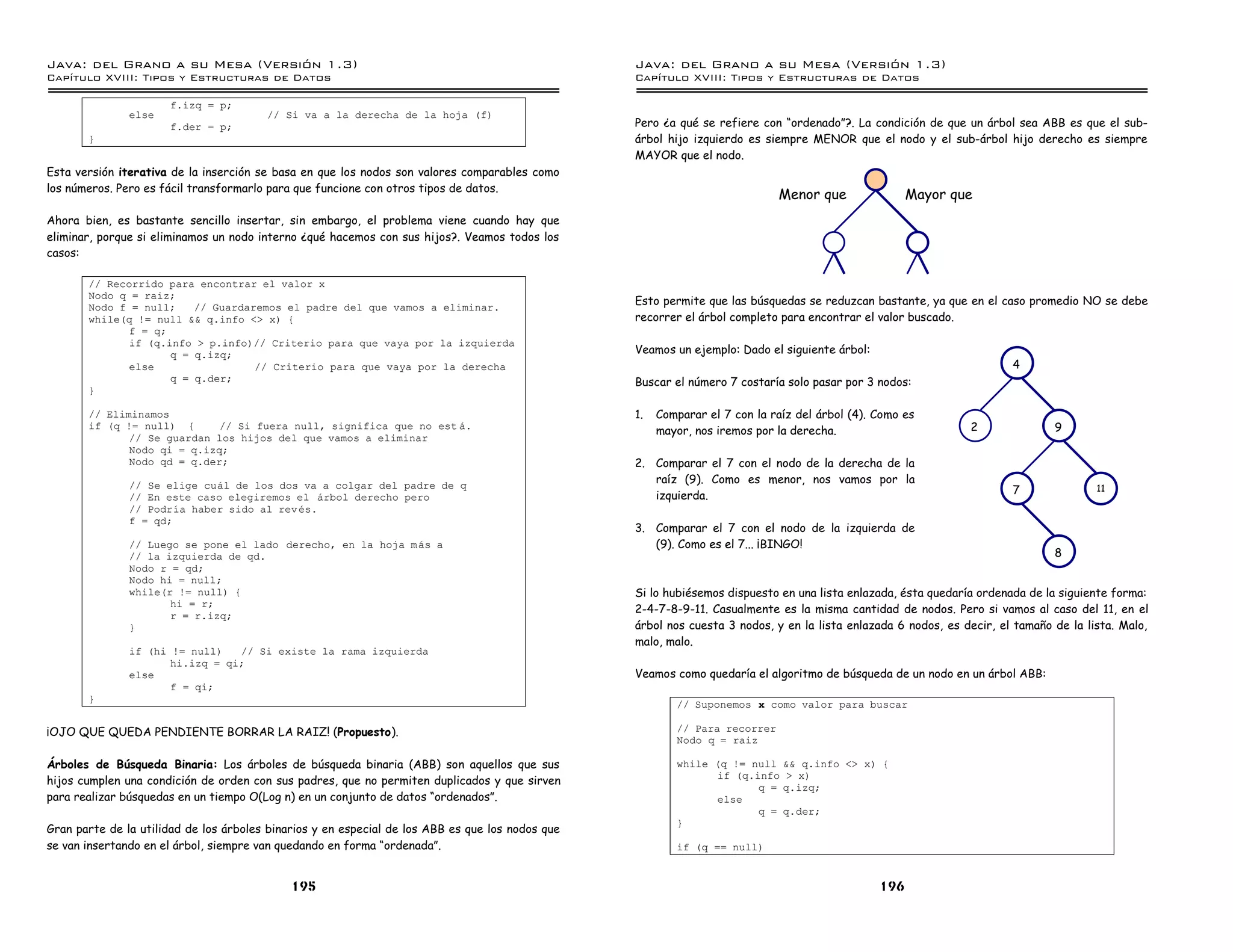 Java: del Grano a su Mesa (Versio n 1.3)                                                          Java: del Grano a su Mesa (Versio n 1.3)
Capi
   tulo XVIII: Tipos y Estructuras de Datos                                                       Capi
                                                                                                     tulo XVIII: Tipos y Estructuras de Datos

                      f.izq = p;
               else                     // Si va a la derecha de la hoja (f)
                      f.der = p;                                                                  Pero ¿a qué se refiere con “ordenado”?. La condición de que un árbol sea ABB es que el sub-
       }                                                                                          árbol hijo izquierdo es siempre MENOR que el nodo y el sub-árbol hijo derecho es siempre
                                                                                                  MAYOR que el nodo.
Esta versión iterativa de la inserción se basa en que los nodos son valores comparables como
los números. Pero es fácil transformarlo para que funcione con otros tipos de datos.
                                                                                                                             Menor que                Mayor que
Ahora bien, es bastante sencillo insertar, sin embargo, el problema viene cuando hay que
eliminar, porque si eliminamos un nodo interno ¿qué hacemos con sus hijos?. Veamos todos los
casos:

       // Recorrido para encontrar el valor x
       Nodo q = raiz;
       Nodo f = null;    // Guardaremos el padre del que vamos a eliminar.
                                                                                                  Esto permite que las búsquedas se reduzcan bastante, ya que en el caso promedio NO se debe
       while(q != null && q.info <> x) {                                                          recorrer el árbol completo para encontrar el valor buscado.
              f = q;
              if (q.info > p.info)// Criterio para que vaya por la izquierda
                     q = q.izq;                                                                   Veamos un ejemplo: Dado el siguiente árbol:
              else                 // Criterio para que vaya por la derecha                                                                                             4
                     q = q.der;                                                                   Buscar el número 7 costaría solo pasar por 3 nodos:
       }

       // Eliminamos                                                                              1.   Comparar el 7 con la raíz del árbol (4). Como es
       if (q != null) {      // Si fuera null, significa que no est a.
                                                                                                       mayor, nos iremos por la derecha.                        2               9
              // Se guardan los hijos del que vamos a eliminar
              Nodo qi = q.izq;
              Nodo qd = q.der;                                                                    2. Comparar el 7 con el nodo de la derecha de la
               // Se elige cual de los dos va a colgar del padre de q
                                                                                                     raíz (9). Como es menor, nos vamos por la
                                                                                                     izquierda.                                                         7               11
               // En este caso elegiremos el arbol derecho pero
               // Podrıa haber sido al rev es.
               f = qd;
                                                                                                  3. Comparar el 7 con el nodo de la izquierda de
               // Luego se pone el lado derecho, en la hoja m as a                                   (9). Como es el 7... ¡BINGO!
               // la izquierda de qd.                                                                                                                                           8
               Nodo r = qd;
               Nodo hi = null;
               while(r != null) {                                                                 Si lo hubiésemos dispuesto en una lista enlazada, ésta quedaría ordenada de la siguiente forma:
                      hi = r;
                                                                                                  2-4-7-8-9-11. Casualmente es la misma cantidad de nodos. Pero si vamos al caso del 11, en el
                      r = r.izq;
               }                                                                                  árbol nos cuesta 3 nodos, y en la lista enlazada 6 nodos, es decir, el tamaño de la lista. Malo,
                                                                                                  malo, malo.
               if (hi != null)   // Si existe la rama izquierda
                      hi.izq = qi;
               else                                                                               Veamos como quedaría el algoritmo de búsqueda de un nodo en un árbol ABB:
                      f = qi;
       }
                                                                                                          // Suponemos x como valor para buscar

¡OJO QUE QUEDA PENDIENTE BORRAR LA RAIZ! (Propuesto).                                                     // Para recorrer
                                                                                                          Nodo q = raiz

Árboles de Búsqueda Binaria: Los árboles de búsqueda binaria (ABB) son aquellos que sus                   while (q != null && q.info <> x) {
                                                                                                                if (q.info > x)
hijos cumplen una condición de orden con sus padres, que no permiten duplicados y que sirven
                                                                                                                       q = q.izq;
para realizar búsquedas en un tiempo O(Log n) en un conjunto de datos “ordenados”.                              else
                                                                                                                       q = q.der;
                                                                                                          }
Gran parte de la utilidad de los árboles binarios y en especial de los ABB es que los nodos que
se van insertando en el árbol, siempre van quedando en forma “ordenada”.                                  if (q == null)


                                             195                                                                                                196
 