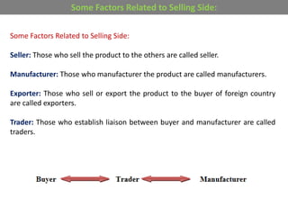 Some Factors Related to Selling Side:
Seller: Those who sell the product to the others are called seller.
Manufacturer: Those who manufacturer the product are called manufacturers.
Exporter: Those who sell or export the product to the buyer of foreign country
are called exporters.
Trader: Those who establish liaison between buyer and manufacturer are called
traders.
Some Factors Related to Selling Side:
 