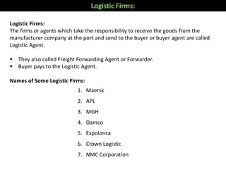 Logistic Firms:
The firms or agents which take the responsibility to receive the goods from the
manufacturer company at the port and send to the buyer or buyer agent are called
Logistic Agent.
 They also called Freight Forwarding Agent or Forwarder.
 Buyer pays to the Logistic Agent.
Names of Some Logistic Firms:
1. Maersk
2. APL
3. MGH
4. Damco
5. Expolonca
6. Crown Logistic
7. NMC Corporation
Logistic Firms:
 