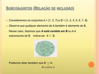SUBCONJUNTOS (RELAÇÃO DE INCLUSÃO)
 Consideremos os conjuntos A = {1, 3, 7} e B = {1, 2, 3, 5, 6, 7, 8}.
 Observe que qualquer elemento de A também é elemento de B.
Nesse caso, dizemos que A está contido em B ou A é
subconjunto de B. Indica-se: A B.
Podemos dizer também que B A.
B contém A



 
