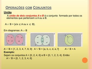OPERAÇÕES COM CONJUNTOS
União
A união de dois conjuntos A e B é o conjunto formado por todos os
elementos que pertencem a A ou a B.
A B = {x/x A ou x B}.
Em diagramas: A B
A B = {1, 2, 3, 4, 7, 8, 9} A B = {a, b, c, d, e, f} A B = A
Exemplo:
Sejam os conjuntos A = {0, 2, 4, 6} e B = {0, 1, 2, 3, 4}. Então:
A B = {0, 1, 2, 3, 4, 6}
  



 