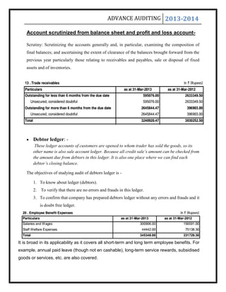 ADVANCE AUDITING 2013-2014
Account scrutinized from balance sheet and profit and loss account-
Scrutiny: Scrutinizing the accounts generally and, in particular, examining the composition of
final balances; and ascertaining the extent of clearance of the balances brought forward from the
previous year particularly those relating to receivables and payables, sale or disposal of fixed
assets and of inventories.
 Debtor ledger: -
These ledger accounts of customers are opened to whom trader has sold the goods, so its
other name is also sale account ledger. Because all credit sale’s amount can be checked from
the amount due from debtors in this ledger. It is also one place where we can find each
debtor’s closing balance.
The objectives of studying audit of debtors ledger is -
1. To know about ledger (debtors).
2. To verify that there are no errors and frauds in this ledger.
3. To confirm that company has prepared debtors ledger without any errors and frauds and it
is doubt free ledger.
It is broad in its applicability as it covers all short-term and long term employee benefits. For
example, annual paid leave (though not en cashable), long-term service rewards, subsidised
goods or services, etc. are also covered.
 