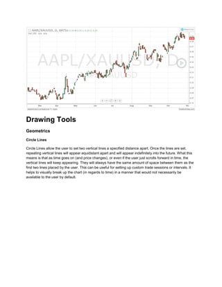 Drawing Tools
Geometrics
Circle Lines
Circle Lines allow the user to set two vertical lines a specified distance apart. Once the lines are set,
repeating vertical lines will appear equidistant apart and will appear indefinitely into the future. What this
means is that as time goes on (and price changes), or even if the user just scrolls forward in time, the
vertical lines will keep appearing. They will always have the same amount of space between them as the
first two lines placed by the user. This can be useful for setting up custom trade sessions or intervals. It
helps to visually break up the chart (in regards to time) in a manner that would not necessarily be
available to the user by default.
 