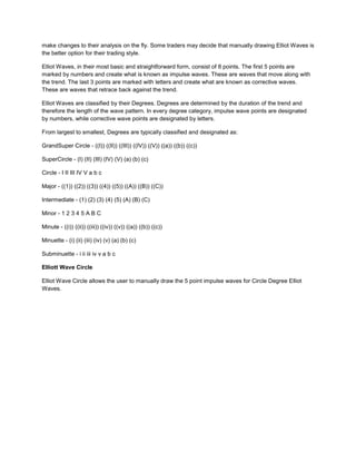 make changes to their analysis on the fly. Some traders may decide that manually drawing Elliot Waves is
the better option for their trading style.
Elliot Waves, in their most basic and straightforward form, consist of 8 points. The first 5 points are
marked by numbers and create what is known as impulse waves. These are waves that move along with
the trend. The last 3 points are marked with letters and create what are known as corrective waves.
These are waves that retrace back against the trend.
Elliot Waves are classified by their Degrees. Degrees are determined by the duration of the trend and
therefore the length of the wave pattern. In every degree category, impulse wave points are designated
by numbers, while corrective wave points are designated by letters.
From largest to smallest, Degrees are typically classified and designated as:
GrandSuper Circle - ((I)) ((II)) ((III)) ((IV)) ((V)) ((a)) ((b)) ((c))
SuperCircle - (I) (II) (III) (IV) (V) (a) (b) (c)
Circle - I II III IV V a b c
Major - ((1)) ((2)) ((3)) ((4)) ((5)) ((A)) ((B)) ((C))
Intermediate - (1) (2) (3) (4) (5) (A) (B) (C)
Minor - 1 2 3 4 5 A B C
Minute - ((i)) ((ii)) ((iii)) ((iv)) ((v)) ((a)) ((b)) ((c))
Minuette - (i) (ii) (iii) (iv) (v) (a) (b) (c)
Subminuette - i ii iii iv v a b c
Elliott Wave Circle
Elliot Wave Circle allows the user to manually draw the 5 point impulse waves for Circle Degree Elliot
Waves.
 