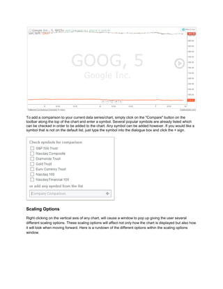 To add a comparison to your current data series/chart, simply click on the "Compare" button on the
toolbar along the top of the chart and enter a symbol. Several popular symbols are already listed which
can be checked in order to be added to the chart. Any symbol can be added however. If you would like a
symbol that is not on the default list, just type the symbol into the dialogue box and click the + sign.
Scaling Options
Right clicking on the vertical axis of any chart, will cause a window to pop up giving the user several
different scaling options. These scaling options will affect not only how the chart is displayed but also how
it will look when moving forward. Here is a rundown of the different options within the scaling options
window.
 