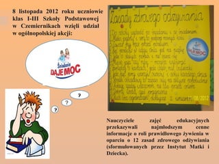 8 listopada 2012 roku uczniowie
klas I-III Szkoły Podstawowej
w Czemiernikach wzięli udział
w ogólnopolskiej akcji:




                      ?
                  ?
              ?
                                  Nauczyciele       zajęć      edukacyjnych
                                  przekazywali       najmłodszym      cenne
                                  informacje o roli prawidłowego żywienia w
                                  oparciu o 12 zasad zdrowego odżywiania
                                  (sformułowanych przez Instytut Matki i
                                  Dziecka).
 