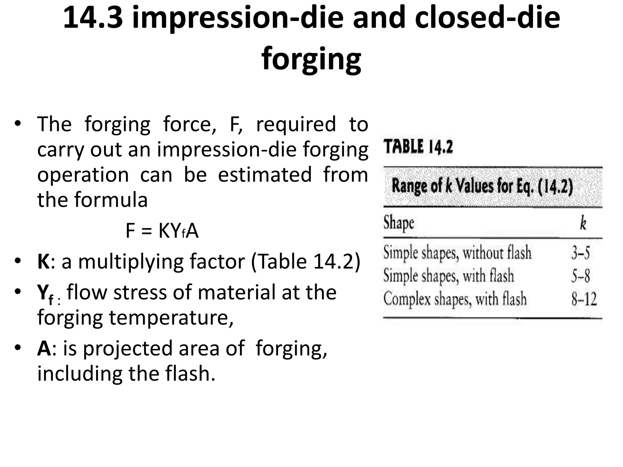 • The forging force, F, required to
carry out an impression-die forging
operation can be estimated from
the formula
F = KYfA
• K: a multiplying factor (Table 14.2)
• Yf : flow stress of material at the
forging temperature,
• A: is projected area of forging,
including the flash.
14.3 impression-die and closed-die
forging
 
