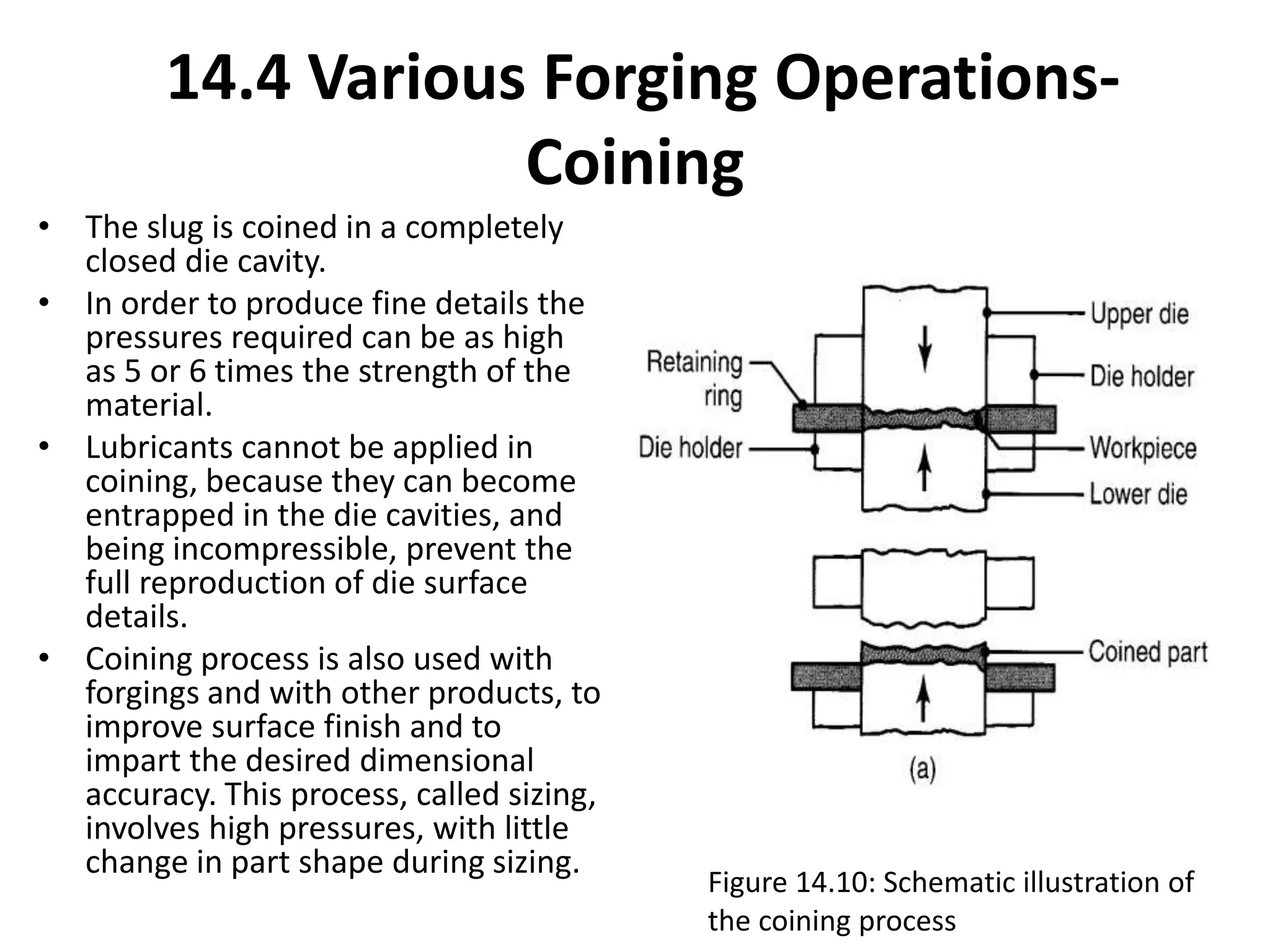 14.4 Various Forging Operations-
Coining
• The slug is coined in a completely
closed die cavity.
• In order to produce fine details the
pressures required can be as high
as 5 or 6 times the strength of the
material.
• Lubricants cannot be applied in
coining, because they can become
entrapped in the die cavities, and
being incompressible, prevent the
full reproduction of die surface
details.
• Coining process is also used with
forgings and with other products, to
improve surface finish and to
impart the desired dimensional
accuracy. This process, called sizing,
involves high pressures, with little
change in part shape during sizing.
Figure 14.10: Schematic illustration of
the coining process
 