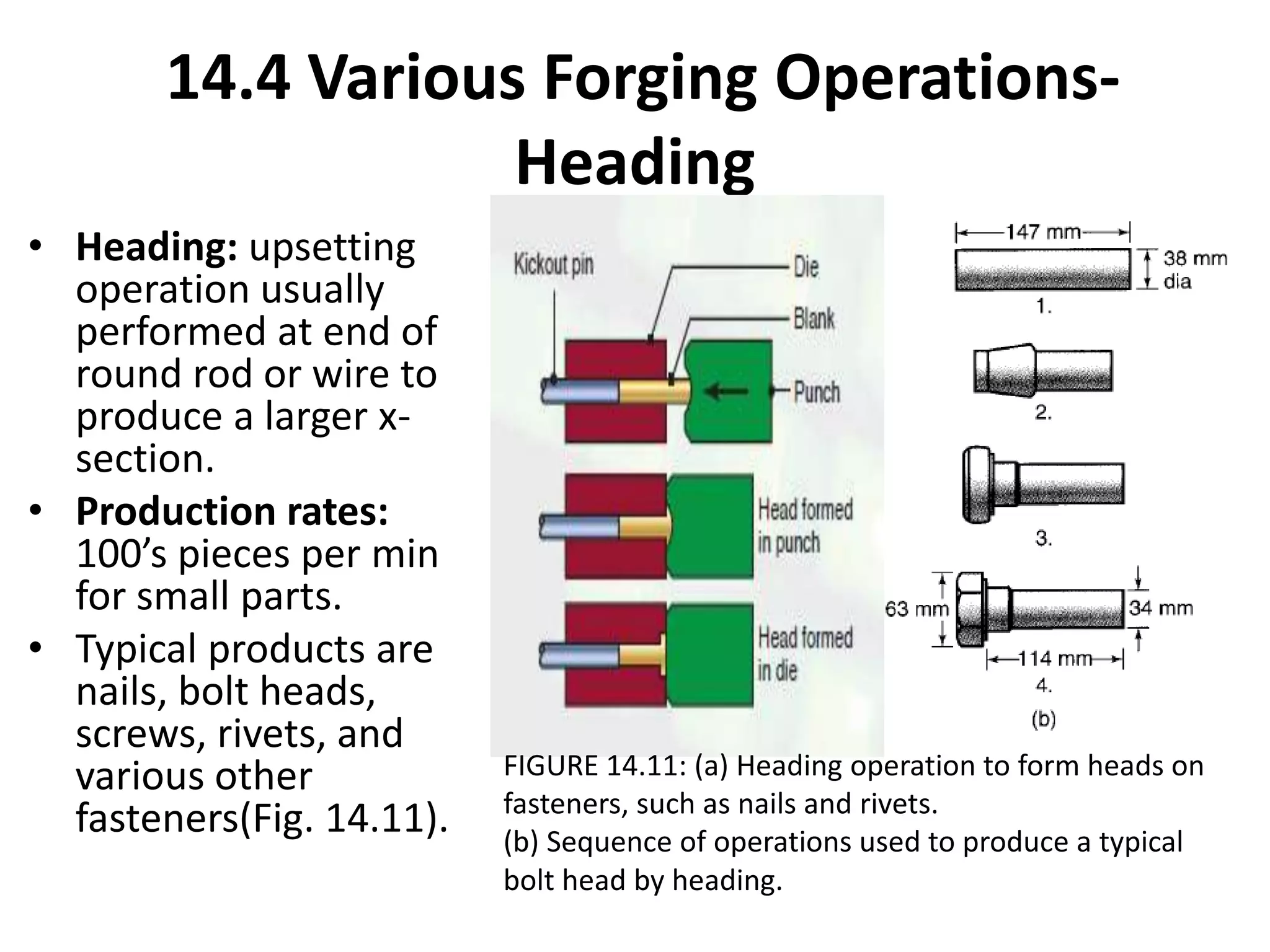 • Heading: upsetting
operation usually
performed at end of
round rod or wire to
produce a larger x-
section.
• Production rates:
100’s pieces per min
for small parts.
• Typical products are
nails, bolt heads,
screws, rivets, and
various other
fasteners(Fig. 14.11).
14.4 Various Forging Operations-
Heading
FIGURE 14.11: (a) Heading operation to form heads on
fasteners, such as nails and rivets.
(b) Sequence of operations used to produce a typical
bolt head by heading.
 