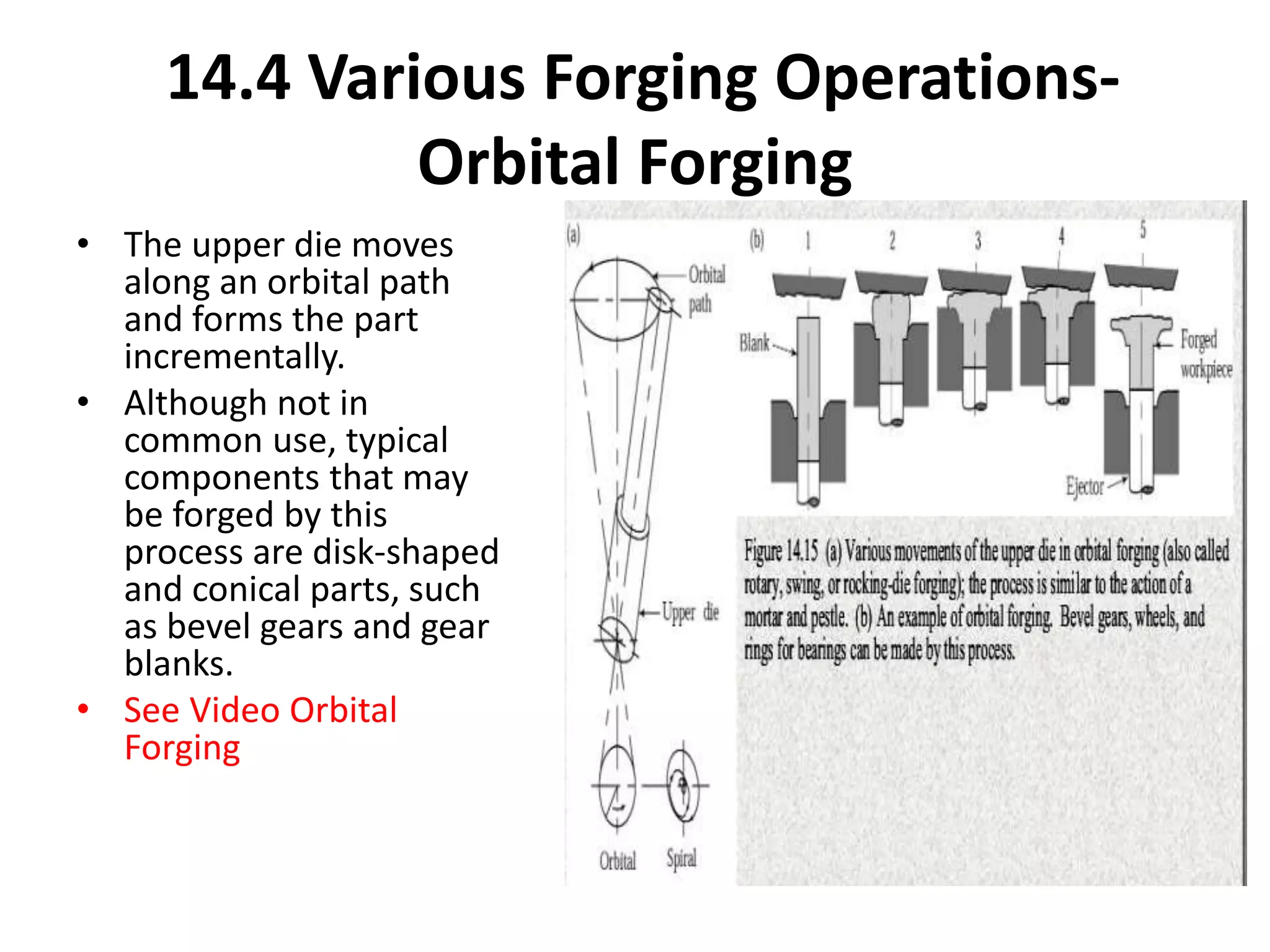 • The upper die moves
along an orbital path
and forms the part
incrementally.
• Although not in
common use, typical
components that may
be forged by this
process are disk-shaped
and conical parts, such
as bevel gears and gear
blanks.
• See Video Orbital
Forging
14.4 Various Forging Operations-
Orbital Forging
 