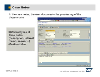 SAP AG 2005, 23
Case Notes
In the case notes, the user documents the processing of the
dispute case
#Different types of
Case Notes
(description, internal
memo, answer ...)
#Customizable
 