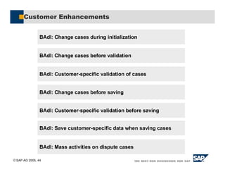 SAP AG 2005, 44
Customer Enhancements
BAdI: Change cases during initialization
BAdI: Change cases before validation
BAdI: Customer-specific validation of cases
BAdI: Change cases before saving
BAdI: Customer-specific validation before saving
BAdI: Save customer-specific data when saving cases
BAdI: Mass activities on dispute cases
 