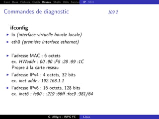 Cont Base Fichiers Outils Réseau Shells Utils Services FS Ressources Modules Réseau
IP SSH
Commandes de diagnostic 109.2
ifcong
I lo (interface virtuelle boucle locale)
I eth0 (première interface ethernet)
I l'adresse MAC : 6 octets
ex. HWaddr : 00 :90 :F5 :28 :99 :1C
Propre à la carte réseau
I l'adresse IPv4 : 4 octets, 32 bits
ex. inet addr : 192.168.1.1
I l'adresse IPv6 : 16 octets, 128 bits
ex. inet6 : fe80 : :219 :66 :fee9 :381/64
G. Allègre - INPG FC Linux
 