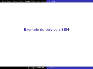 Cont Base Fichiers Outils Réseau Shells Utils Services FS Ressources Modules Réseau
IP SSH
Exemple de service : SSH
G. Allègre - INPG FC Linux
 