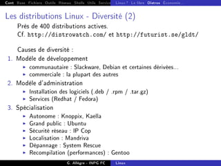 Cont Base Fichiers Outils Réseau Shells Utils Services FS Ressources Modules Réseau
Linux ? Le libre Distros Économie...
Les distributions Linux - Diversité (2)
Près de 400 distributions actives.
Cf. http://distrowatch.com/ et http://futurist.se/gldt/
Causes de diversité :
1. Modèle de développement
I communautaire : Slackware, Debian et certaines dérivées...
I commerciale : la plupart des autres
2. Modèle d'administration
I Installation des logiciels (.deb / .rpm / .tar.gz)
I Services (Redhat / Fedora)
3. Spécialisation
I Autonome : Knoppix, Kaella
I Grand public : Ubuntu
I Sécurité réseau : IP Cop
I Localisation : Mandriva
I Dépannage : System Rescue
I Recompilation (performances) : Gentoo
G. Allègre - INPG FC Linux
 