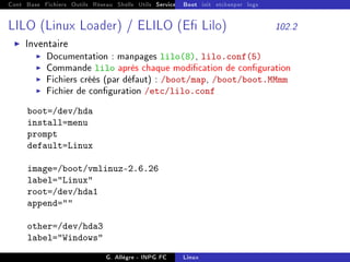 Cont Base Fichiers Outils Réseau Shells Utils Services FS Ressources Modules Réseau
Boot init etckeeper logs
LILO (Linux Loader) / ELILO (E Lilo) 102.2
I Inventaire
I Documentation : manpages lilo(8), lilo.conf(5)
I Commande lilo après chaque modication de conguration
I Fichiers créés (par défaut) : /boot/map, /boot/boot.MMmm
I Fichier de conguration /etc/lilo.conf
boot=/dev/hda
install=menu
prompt
default=Linux
image=/boot/vmlinuz-2.6.26
label=Linux
root=/dev/hda1
append=
other=/dev/hda3
label=Windows
G. Allègre - INPG FC Linux
 