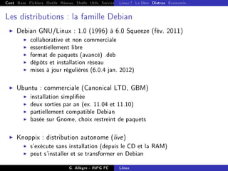 Cont Base Fichiers Outils Réseau Shells Utils Services FS Ressources Modules Réseau
Linux ? Le libre Distros Économie...
Les distributions : la famille Debian
I Debian GNU/Linux : 1.0 (1996) à 6.0 Squeeze (fév. 2011)
I collaborative et non commerciale
I essentiellement libre
I format de paquets (avancé) .deb
I dépôts et installation réseau
I mises à jour régulières (6.0.4 jan. 2012)
I Ubuntu : commerciale (Canonical LTD, GBM)
I installation simpliée
I deux sorties par an (ex. 11.04 et 11.10)
I partiellement compatible Debian
I basée sur Gnome, choix restreint de paquets
I Knoppix : distribution autonome (live)
I s'exécute sans installation (depuis le CD et la RAM)
I peut s'installer et se transformer en Debian
G. Allègre - INPG FC Linux
 