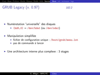 Cont Base Fichiers Outils Réseau Shells Utils Services FS Ressources Modules Réseau
Boot init etckeeper logs
GRUB Legacy (v. 0.97) 102.2
I Numérotation universelle des disques
I (hd0,0) = /dev/hda1 (ou /dev/sda1)
I Manipulation simpliée
I chier de conguration unique : /boot/grub/menu.lst
I pas de commande à lancer
I Une architecture interne plus complexe : 3 stages
G. Allègre - INPG FC Linux
 