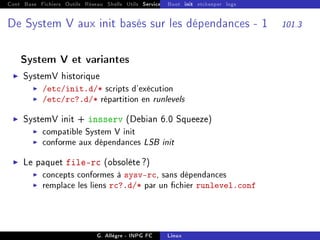 Cont Base Fichiers Outils Réseau Shells Utils Services FS Ressources Modules Réseau
Boot init etckeeper logs
De System V aux init basés sur les dépendances - 1 101.3
System V et variantes
I SystemV historique
I /etc/init.d/* scripts d'exécution
I /etc/rc?.d/* répartition en runlevels
I SystemV init + insserv (Debian 6.0 Squeeze)
I compatible System V init
I conforme aux dépendances LSB init
I Le paquet file-rc (obsolète ?)
I concepts conformes à sysv-rc, sans dépendances
I remplace les liens rc?.d/* par un chier runlevel.conf
G. Allègre - INPG FC Linux
 