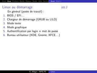 Cont Base Fichiers Outils Réseau Shells Utils Services FS Ressources Modules Réseau
Boot Shell-1
Linux au démarrage 101.2
En général (poste de travail) :
1. BIOS / EFI. . .
2. Chargeur de démarrage (GRUB ou LILO)
3. Mode texte
4. Mode graphique
5. Authentication par login + mot de passe
6. Bureau utilisateur (KDE, Gnome, XFCE. . .)
G. Allègre - INPG FC Linux
 