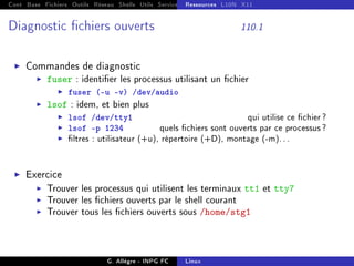 Cont Base Fichiers Outils Réseau Shells Utils Services FS Ressources Modules Réseau
Ressources L10N X11
Diagnostic chiers ouverts 110.1
I Commandes de diagnostic
I fuser : identier les processus utilisant un chier
I fuser (-u -v) /dev/audio
I lsof : idem, et bien plus
I lsof /dev/tty1 qui utilise ce chier ?
I lsof -p 1234 quels chiers sont ouverts par ce processus ?
I ltres : utilisateur (+u), répertoire (+D), montage (-m). . .
I Exercice
I Trouver les processus qui utilisent les terminaux tt1 et tty7
I Trouver les chiers ouverts par le shell courant
I Trouver tous les chiers ouverts sous /home/stg1
G. Allègre - INPG FC Linux
 