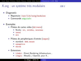 Cont Base Fichiers Outils Réseau Shells Utils Services FS Ressources Modules Réseau
Ressources L10N X11
X.org : un système très modulaire 106.1
I Diagnostic
I Répertoire /usr/lib/xorg/modules
I Commande xdpyinfo
I Exemples
I Pilotes de cartes video (drivers)
I Nvidia : nv, nvidia, nouveau
I intel
I ati
I Pilotes de périphériques d'entrée (input)
I standard : kbd, mouse
I synaptics
I wacom
I Extensions
I libdri : Direct Rendering Infrastructure...
I libglx : MesaGL / OpenGL pour X...
G. Allègre - INPG FC Linux
 