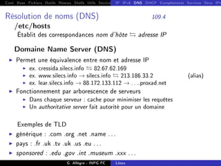 Cont Base Fichiers Outils Réseau Shells Utils Services FS Ressources Modules Réseau
IP IPv6 DNS DHCP Compléments Services Sécu IPt
Résolution de noms (DNS) 109.4
/etc/hosts
Établit des correspondances nom d'hôte  adresse IP
Domaine Name Server (DNS)
I Permet une équivalence entre nom et adresse IP
I ex. cressida.silecs.info  82.67.62.169
I ex. www.silecs.info → silecs.info  213.186.33.2 (alias)
I ex. lear.silecs.info → 88.172.133.112 → ....proxad.net
I Fonctionnement par arborescence de serveurs
I Dans chaque serveur : cache pour minimiser les requêtes
I Un authoritative server fait autorité pour un domaine
Exemples de TLD
I générique : .com .org .net .name . . .
I pays : .fr .uk .tv .uk .us .eu . . .
I sponsored : .edu .gov .int .museum .xxx ...
G. Allègre - INPG FC Linux
 