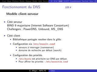 Cont Base Fichiers Outils Réseau Shells Utils Services FS Ressources Modules Réseau
IP IPv6 DNS DHCP Compléments Services Sécu IPt
Fonctionnement du DNS 109.4
Modèle client-serveur
I Côté serveur
BIND 9 majoritaire (Internet Software Consortium)
Challengers : PowerDNS, Unbound, MS_DNS
I Côté client
I Bibliothèque partagée resolver dans la glibc
I Conguration via /etc/resolv.conf
I serveurs à interroger (nameserver)
I domaine de recherche par défaut (search)
I Conguration des priorités
I /etc/hosts est prioritaire sur DNS par défaut.
I Pour aner les priorités : /etc/nsswitch.conf
G. Allègre - INPG FC Linux
 