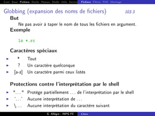 Cont Base Fichiers Outils Réseau Shells Utils Services FS Ressources Modules Réseau
Fichiers Filtres FHS Montage
Globbing (expansion des noms de chiers) 103.3
But
Ne pas avoir à taper le nom de tous les chiers en argument.
Exemple
ls *.rc
Caractères spéciaux
I * Tout
I ? Un caractère quelconque
I [a-z] Un caractère parmi ceux listés
Protections contre l'interprétation par le shell
I . . .  Protège partiellement . . . de l'interprétation par le shell
I '. . .' Aucune interprétation de . . .
I . . . Aucune interprétation du caractère suivant
G. Allègre - INPG FC Linux
 