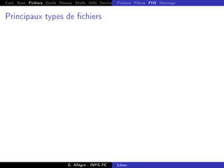 Cont Base Fichiers Outils Réseau Shells Utils Services FS Ressources Modules Réseau
Fichiers Filtres FHS Montage
Principaux types de chiers
G. Allègre - INPG FC Linux
 