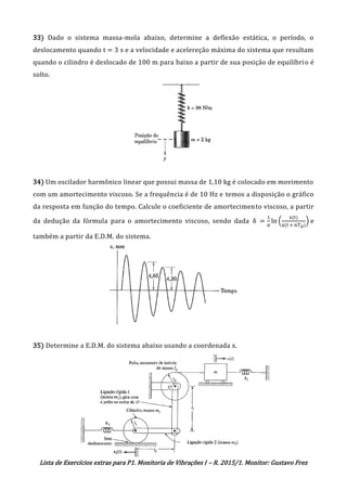 Lista de Exercícios extras para P1. Monitoria de Vibrações I – R. 2015/1. Monitor: Gustavo Frez
33) Dado o sistema massa-mola abaixo, determine a deflexão estática, o período, o
deslocamento quando t = 3 s e a velocidade e acelereção máxima do sistema que resultam
quando o cilindro é deslocado de 100 m para baixo a partir de sua posição de equilíbrio é
solto.
34) Um oscilador harmônico linear que possui massa de 1,10 kg é colocado em movimento
com um amortecimento viscoso. Se a frequência é de 10 Hz e temos a disposição o gráfico
da resposta em função do tempo. Calcule o coeficiente de amortecimento viscoso, a partir
da dedução da fórmula para o amortecimento viscoso, sendo dada δ =
1
n
ln (
x(t)
x(t + nTd)
) e
também a partir da E.D.M. do sistema.
35) Determine a E.D.M. do sistema abaixo usando a coordenada x.OK
 