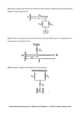 Lista de Exercícios extras para P1. Monitoria de Vibrações I – R. 2015/1. Monitor: Gustavo Frez
8) Calcule a rigidez equivalente do sistema mecânico abaixo, admitindo que a barra AB seja
rígida e de peso desprezível.
9) Determine a frequência natural de vibração da barra AB de peso P e comprimento L,
para pequenas oscilações em A.
10) Determine a rigidez equivalente do sistema abaixo
 