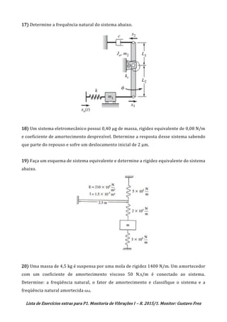 Lista de Exercícios extras para P1. Monitoria de Vibrações I – R. 2015/1. Monitor: Gustavo Frez
17) Determine a frequência natural do sistema abaixo.
18) Um sistema eletromecânico possui 0,40 μg de massa, rigidez equivalente de 0,08 N/m
e coeficiente de amortecimento desprezível. Determine a resposta desse sistema sabendo
que parte do repouso e sofre um deslocamento inicial de 2 μm.
19) Faça um esquema de sistema equivalente e determine a rigidez equivalente do sistema
abaixo.
20) Uma massa de 4,5 kg é suspensa por uma mola de rigidez 1400 N/m. Um amortecedor
com um coeficiente de amortecimento viscoso 50 N.s/m é conectado ao sistema.
Determine: a freqüência natural, o fator de amortecimento e classifique o sistema e a
freqüência natural amortecida ωd.
OK
 