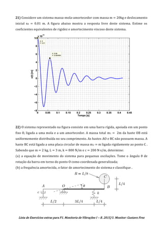Lista de Exercícios extras para P1. Monitoria de Vibrações I – R. 2015/1. Monitor: Gustavo Frez
21) Considere um sistema massa-mola-amortecedor com massa m = 20kg e deslocamento
inicial x0 = 0.01 m. A figura abaixo mostra a resposta livre deste sistema. Estime os
coeficientes equivalentes de rigidez e amortecimento viscoso deste sistema.
22) O sistema representado na figura consiste em uma barra rígida, apoiada em um ponto
fixo O, ligada a uma mola e a um amortecedor. A massa total m1 = 2m da haste OB está
uniformemente distribuída no seu comprimento. As hastes AO e BC não possuem massa. A
haste BC está ligada a uma placa circular de massa m2 = m ligada rigidamente ao ponto C .
Sabendo que m = 2 kg, L = 3 m, k = 800 N/m e c = 200 N∙s/m, determine:
(a) a equação de movimento do sistema para pequenas oscilações. Tome o ângulo θ de
rotação da barra em torno do ponto O como coordenada generalizada;
(b) a frequência amortecida, o fator de amortecimento do sistema e classifique .
OK
OK
 