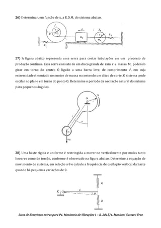 Lista de Exercícios extras para P1. Monitoria de Vibrações I – R. 2015/1. Monitor: Gustavo Frez
26) Determinar, em função de x, a E.D.M. do sistema abaixo.
27) A figura abaixo representa uma serra para cortar tubulações em um processo de
produção contínua. Essa serra consiste de um disco grande de raio r e massa M, podendo
girar em torno do centro O ligado a uma barra leve, de comprimento ℓ, em cuja
extremidade é montado um motor de massa m contendo um disco de corte. O sistema pode
oscilar no plano em torno do ponto O. Determine o período da oscilação natural do sistema
para pequenos ângulos.
28) Uma haste rígida e uniforme é restringida a mover-se verticalmente por molas tanto
lineares como de torção, conforme é observado na figura abaixo. Determine a equação de
movimento do sistema, em relação a θ e calcule a frequência de oscilação vertical da haste
quando há pequenas variações de θ.
OK
OK
 