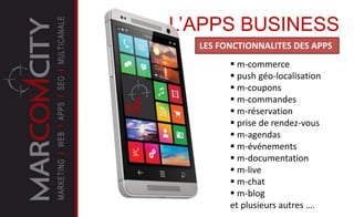 L’APPS BUSINESS
LES FONCTIONNALITES DES APPS
 m-commerce
 push géo-localisation
 m-coupons
 m-commandes
 m-réservation
 prise de rendez-vous
 m-agendas
 m-événements
 m-documentation
 m-live
 m-chat
 m-blog
et plusieurs autres ….
 