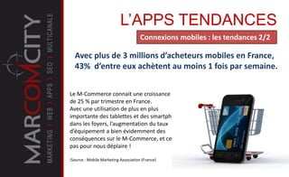 L’APPS TENDANCES
Le M-Commerce connait une croissance
de 25 % par trimestre en France.
Avec une utilisation de plus en plus
importante des tablettes et des smartphones
dans les foyers, l’augmentation du taux
d’équipement a bien évidemment des
conséquences sur le M-Commerce, et ce n’est
pas pour nous déplaire !
(Source : Mobile Marketing Association (France)
Connexions mobiles : les tendances 2/2
Avec plus de 3 millions d’acheteurs mobiles en France,
43% d’entre eux achètent au moins 1 fois par semaine.
 