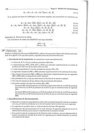 132 Tema 3. Diseño de automatismos
(3.7.5)
Si se aplican las leyes de DeMorgan a las sumas negadas, las ecuaciones se convierten en:
.
Eo =Ea ·Sin{· Sobs ·Pparo + Eo ·E1 ·E4 + MS
E1 =Eo ·Pabrir ·Pparo +E2 ·Sobs ·Pparo + Ea ·Sobs ·Pparo +E1 ·E2 · E4
E2 =E1 ·Ssup ·Pparo+lh -Ea -E4 ·E1
Ea =E2 · Tl-Sobs .p;~ro +Ea -E1 -E4 -Eo
E4 =(Eo + E1 +E2 +E~) · Pparo + E4 ·Eo
APARTADO 3. Ecuaciones de salida. ' J.
Las ecuaciones de salida del GRAFCET son muy sencillas:
(ir' 1 PROBLEMA 3.8
Abrir= E1
Cerrar =Ea
•l ""'· ••
(3.7.6)
(3.7.7)
(3.7.8)
(3.7.9)
(3.7.10)
Realizar el Diagrama Funcional (GRAFCET) y obtener las ecuaciones lógicas del sistema automati-
zado de la figura 3.16 cuya descripción y especificaciones de funcionamiento son:
• Descripción de la instalación: La instalación consta esencialmente de:
• 4 tolvas (A, B, C y D) que contienen productos diferentes.
• 4 electroválvulas (EVA, EVB, EVC y EVD) que controlan respectivamente el vertido de
producto de cada una de las tolvas sobre la cinta.
• 1 cinta transportadora T con dos sentidos de marcha (TD y TI).
• 2 vagonetas receptoras (BRl y BR2) situadas respectivamente en los extremos de la cinta.
• Dos sensores de posición (SQl y SQ2) que determinan respectiµamente que las vagonetas
BRl y BR2 están en situación de recibir material. . .
• Dos pulsadores (ml y m2) que determinan la elección de la mezcla a realizar.
• Una seta de emergencia E que detiene el funcionamiento del sistema.
• Se pueden realizar dos tipos de mezclas (MI y M2):
- La mezcla Ml está formada por un 50 % de producto de la tolva A, un 30 % de producto
de la tolva By un 20 % de producto de la tolva C; que se encamina hacia la vagoneta
BRl.
La mezcla M2 está formada por un 20 % de producto de la tolva A, un 20 %de producto
de la tolva By un 60 % del producto de la tolva D; que se encamina hacia la vagoneta
BR2.
• Especificaciones de funcionamiento:
• Teniendo en cuenta la capacidad de la cinta, ésta no puede transportar más de un producto
a la vez, por tanto los productos no se han de mezclar sobre la cinta sino en la vagoneta.
• La vagoneta se considera llena si recibe productos durante 100 segundos.
• Prolongación del funcionamiento de la cinta durante 10 segundos después de cerrar la
última electroválvula, para evacuar completamente el producto vertido.
• Si se pulsa la seta de emergencia ha de detenerse todo el sistema, una vez desaparecida la
señal se procederá al vaciado de la cinta a la vagoneta que se estaba llenando y se volverá
a la situación de reposo.
 