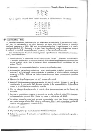 144
..
________ ______________ Tema 3. Diseño de automatismos
V3 =E14 +E21
R =Eu+E20
A = Eu+E20
Para la segunda solución deben tenerse en cuenta el condicionado de las salidas:
(ift=' J PROBLEMA 3.10 /
Pl =E1 · SI +E3 · Sl
P2 =E1 ·S2 +Ea · S2
Vl =E2 ·Bl + EG ·Bl
V2 =E2 ·B2 +E6 ·B2
V3 =E4+Ea
R =E3 -Tl+E1
A =E3 ·Tl +E1
Se pretende automatizar una instalación que administra la distribució,ri _r!,e dos productos diferen-
tes , P1 y P2, almacenados en dos tolvas separadas (ver figura 3.25). Cada producto se distribuye
mediante los extractores EXl y EX2, para ser colocado en la ci~ta 1, po[iteriormente en la cinta 2
mediante el émbolo El, y finalmente en la cinta 3 para el producto 1, o en la cinta 4 para el producto
2 mediante el émbolo 2, las cuales llevan el producto a su lugar final de almacenaje.
Esta instalación debe funcionar con las siguientes especificaciones, empleando sólo los acciona-
dores y sensores indicados:
l. Para la apertura de las tolvas se utilizan los actuadores EXl y EX2, que deben abrirse durante
3 segundos para permitir la salida del producto. Hay dos modos modos de funcionamiento, uno
para el producto 1 y otro para el producto 2. Dicho modo es establecido exteriormente por las
señales PI y P2.
2. El sensor SI se activa cuando hay algún producto al final de la cinta l.
3. Para cambiar los productos de la cinta 1 a la 2, se dispone de un émbolo, que con los accio-
nadores Ery E1R·se··puede conseguir que este se extienda o se retraiga. Además, dispone de
dos sensores ElExt y ElRecog, que indican, respectivamente, si está completamente extendido
o recogido. · · · · · ·
4. El sensor S2 tiene el mismo papel que el SI pero para la cinta 2.
5. El émbolo E2.ti~ne dos ~osiciones de extensión, E21 para la,~inta 3 y E22para la cinta4 así
como la señal de contracción E2R. Dispone, también; de los sensores E2Ext y E2Recog para
conocer si ya está totalmente extendido o recogido.
6. Una vez colocado e_l producto sobre la cinta 3 o la 4, éstas se ponen en marcha durante 10
segundos.
7. Para que el automatismo arranque es necesario que se p1:1,lsf! un boto de inicio (IN!). Para dete-
nerlo en cualquier momento <f,eberá bastar con pulsar el botón..de.parada (PAR).
rLa prime_ra tarea al ar,:0:ncar <!,_e'?~ ~er poner en _nJ,°:r.cha-las ci;itas ?_Y 4.durante 10 seg~ndos
para vaciarlas de productos. Este mismo procedimiento _df}bera repetirse cuando se cambie del
modo correspondiente de un producto al otro. - ----.. - ------...--- --...._
-----·------·~
En este sentido se pide:
l . Proponer un grafcet que automatice este sistema de distribución.
2. Indicar las ecuaciones de activación correspondientes a las etapas asociadas a divergencias y
convergencias.
I
''
 