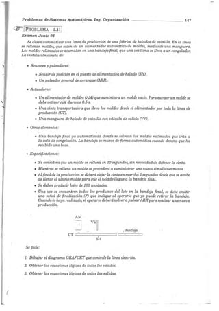 '
'
(
Problemas de Sistemas Automá!icos. Ing. Organización 147
(jjj= 1 PROBLEMA 3.11 1
Examen Junio 04
Se desea automatizar una línea de producción de una fábrica de helados de vainilla. En la línea
se rellenan moldes, que salen de un alimentador automático de moldes, mediante una manguera.
Los moldes rellenados se acumulan en una bandeja final, que una vez llena se lleva a un congelador.
La instalación consta de: ·
• Sensores y pulsadores:
• Sensor de posición en el puesto de alimentación de helado (SH).
• Un pulsadorgeneral de arranque (ARR).
• Actuadores:
• Un alimentador de moldes (AM) que suministra un molde vacío. Para extraer un molde se
debe activar AM durante 0.5 s. ·
• Una cinta transportadora que lleva los moldes desde el alimentador por toda la línea de
producción (CT). · ·
• Una manguera de helado de vainilla con válvula de salida (VV).
• Otros elementos:
• Una bandeja final ya automatizada donde se colocan los moldes rellenados que irán a
la sala de congelación. La bandeja se mueve de forma automática cuando detecta que ha
recibido una base.
• Especificaciones:
• Se considera que un molde se rellena en 10 segundos, sin necesidad de detener la cinta.
• Mientras se rellena un molde se procederá a suministrar uno nuevo simultáneamente.
• Al final de la producción se deberá dejar la cinta en marcha 2 segundos desde que se acabe
de llenar el último molde para.que el_helado llegue a la bandeja final.
• Se deben producir lotes de 100 unidades.
• Una vez se encuentren todos los productos del lote en la bandeja final, se debe emitir
una señal de finalización (F) que indique al operario que ya puede retirar la bandeja.
Cuando lo haya realizado, el operario deberá volver a pulsarARR para realizar una nueva
producción.
AM
] vvíl ,Bandeja
CT
SH
Se pide:
l. Dibujar el diagrama GRAFCET que controle la línea descrita.
2. Obtener las ecuaciones lógicas de todos los estados.
3. Obtener las ecuaciones lógicas de todas las salidas.
'
 