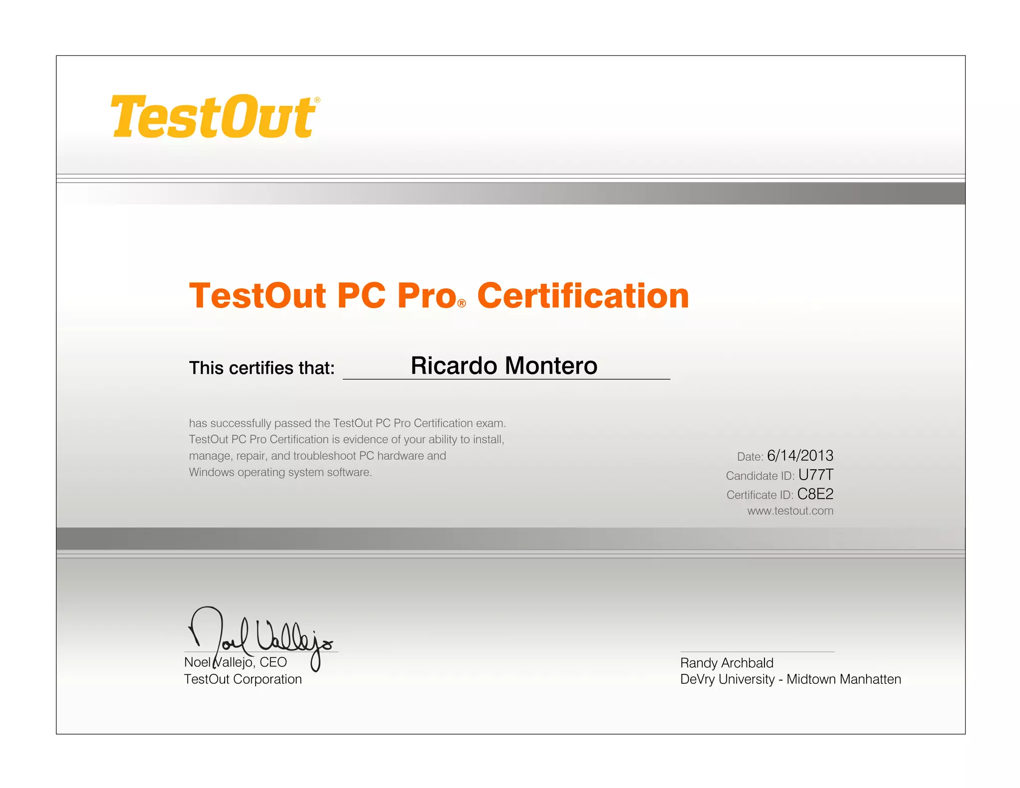 Ricardo Montero Test out Pro Certification 06 14 13 | PDF