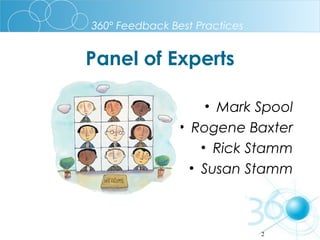 360º Feedback Best Practices

Panel of Experts
• Mark Spool
• Rogene Baxter
• Rick Stamm
• Susan Stamm

2

 