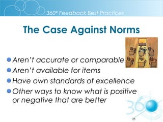 360º Feedback Best Practices

The Case Against Norms
Aren’t accurate or comparable
Aren’t available for items
Have own standards of excellence
Other ways to know what is positive
or negative that are better
25

 