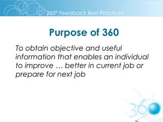 360º Feedback Best Practices

Purpose of 360
To obtain objective and useful
information that enables an individual
to improve … better in current job or
prepare for next job

28

 