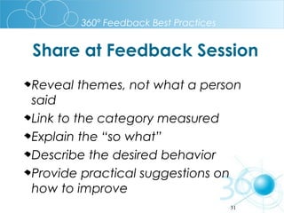 360º Feedback Best Practices

Share at Feedback Session
Reveal themes, not what a person
said
Link to the category measured
Explain the “so what”
Describe the desired behavior
Provide practical suggestions on
how to improve
31

 